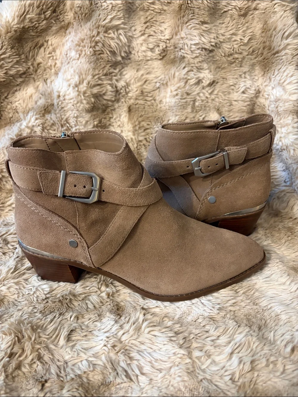 ESSEX LANE LEATHER SUEDE HARNESS ANKLE BOOTS TAUPE WESTERN BUCKLE SIZE 8.5